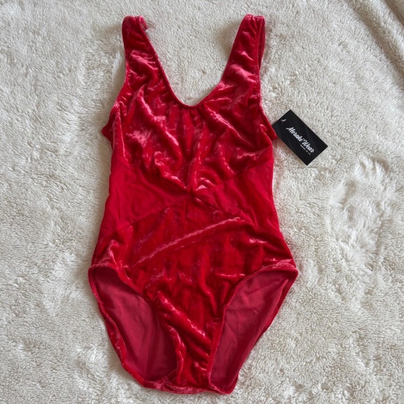 Meraki Wear Leotard Red Velvet Mesh Tank Top Style Dancer Women's Size L NWT - Picture 1 of 4